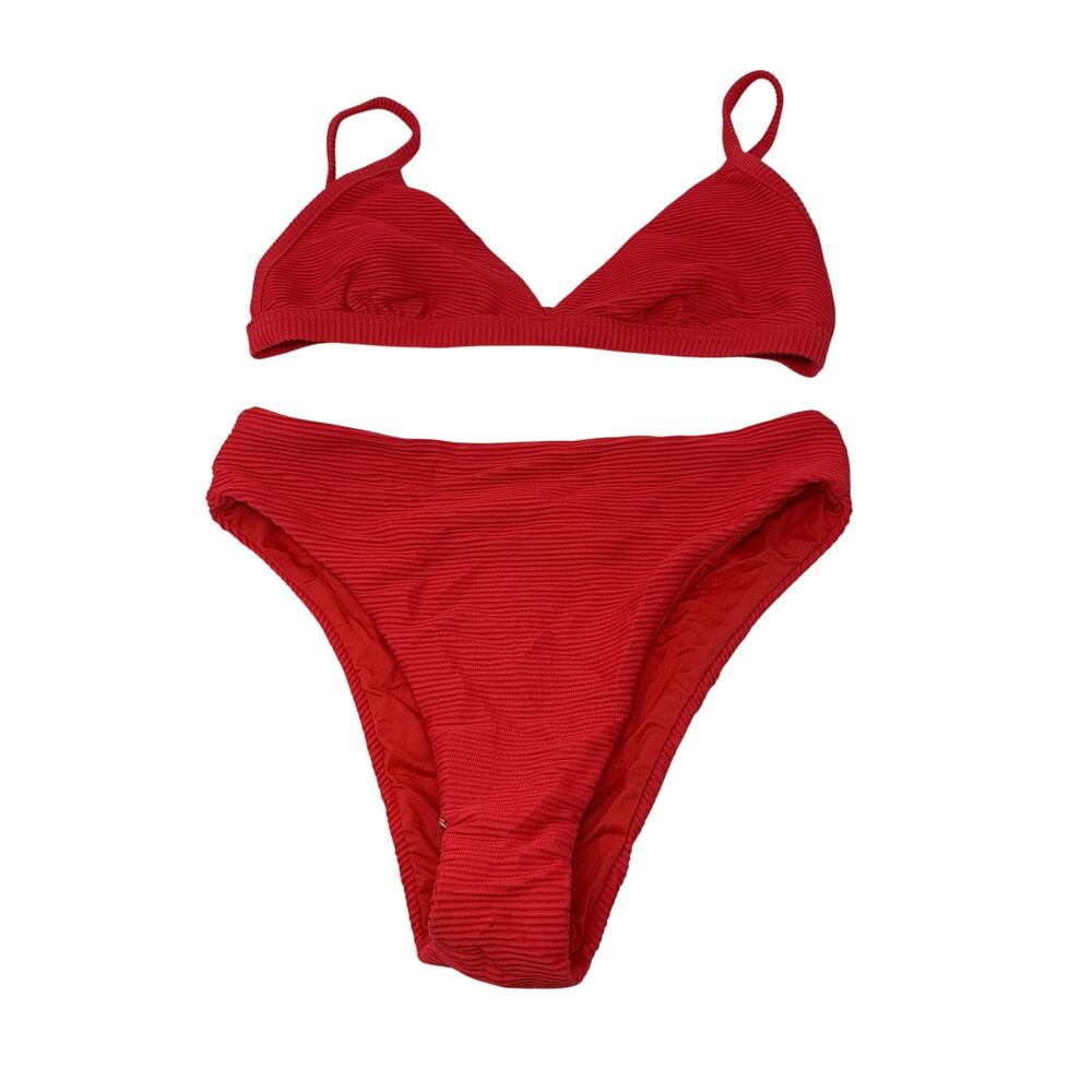Seafolly Bikini Set Womens US 6 Red Ribbed Triangle Top High Leg Swimsuit